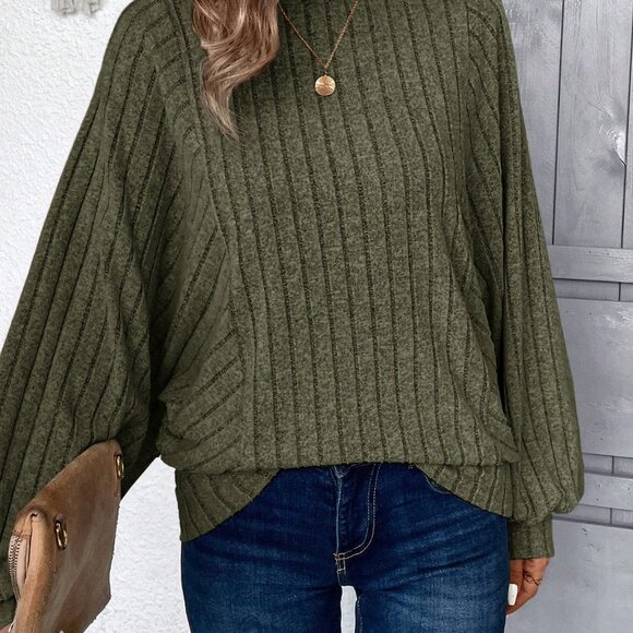 Green Casual Women's Apricot Loose Rib Knit Long Sleeve Sweatshirt - Picture 5 of 5